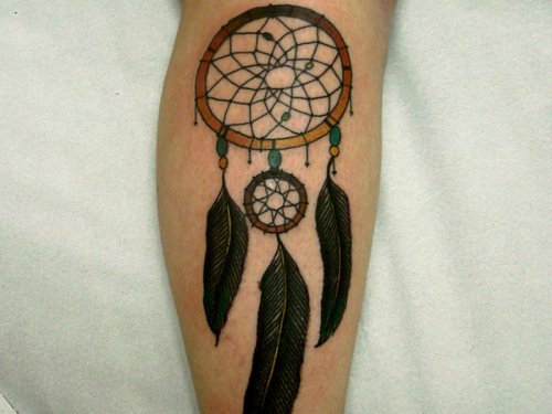 Black Ink Dreamcatcher Tattoo On Leg